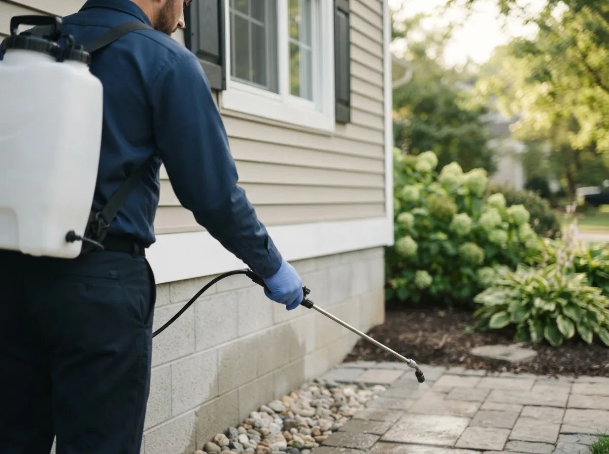 Pest control technician inspecting a home in Riceville, TN